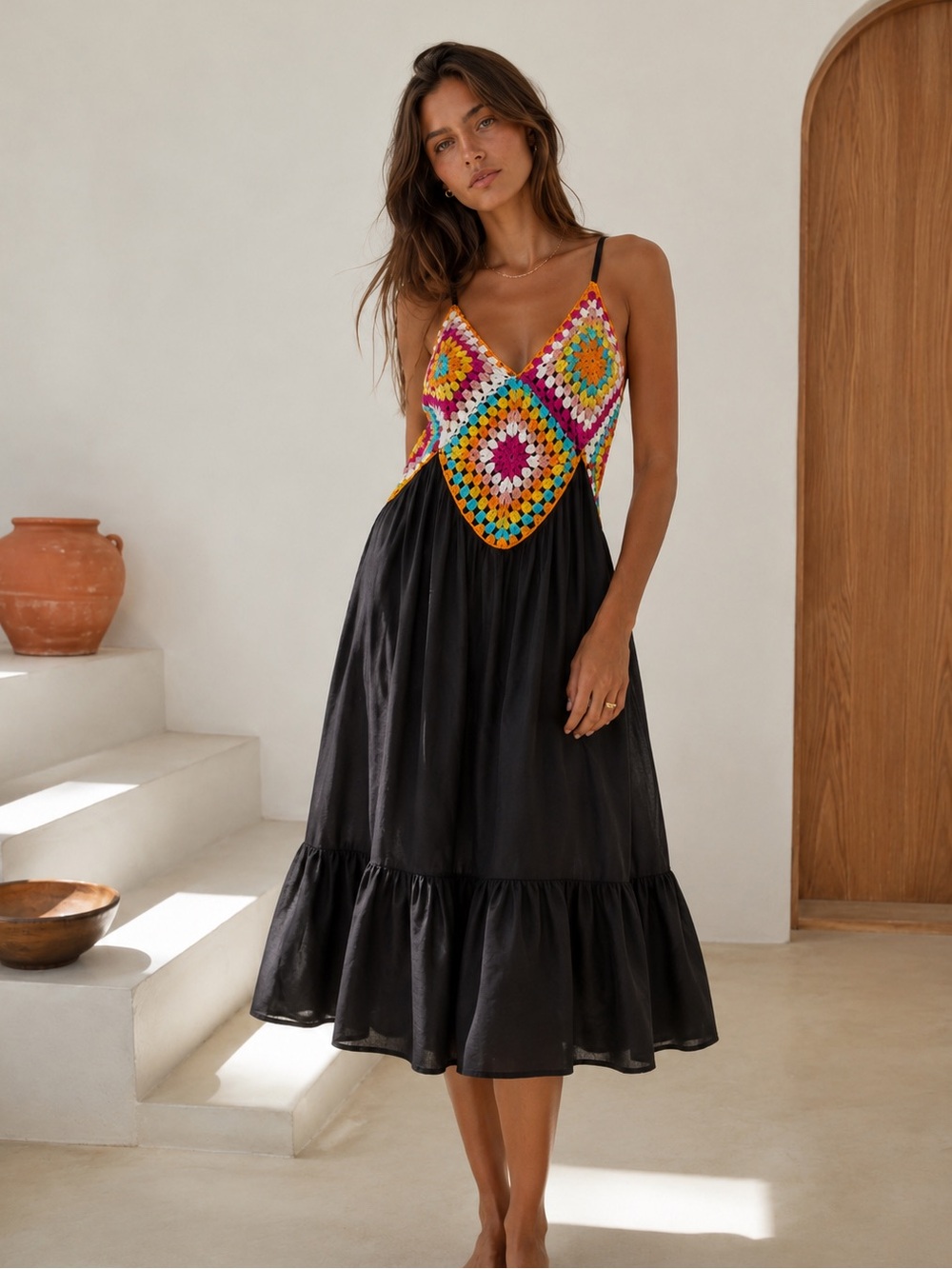 Raviya Crochet Granny Square Maxi Dress L Boho Beach Cover Up
